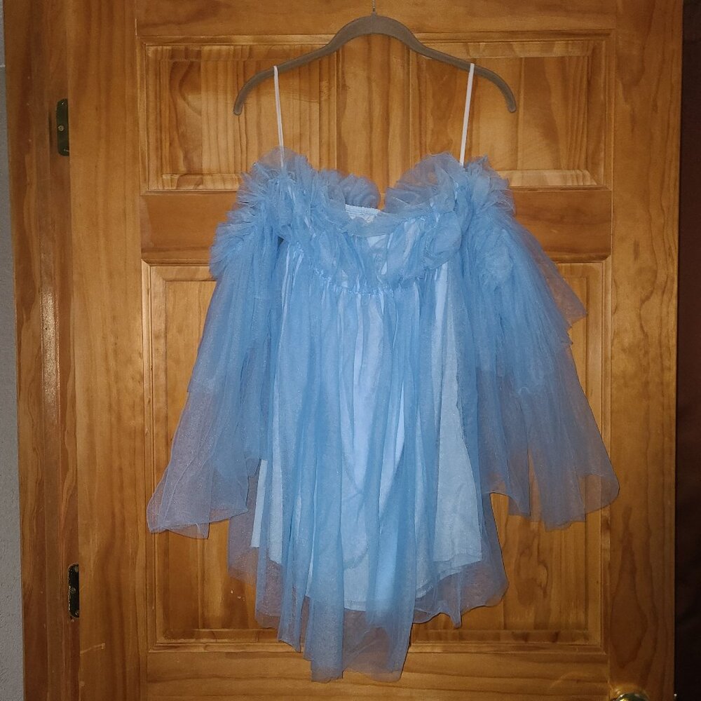 Romwe Blue Off Shoulder Flounce Long Sleeve Wedding Ruffle Mesh Party Mini Dress